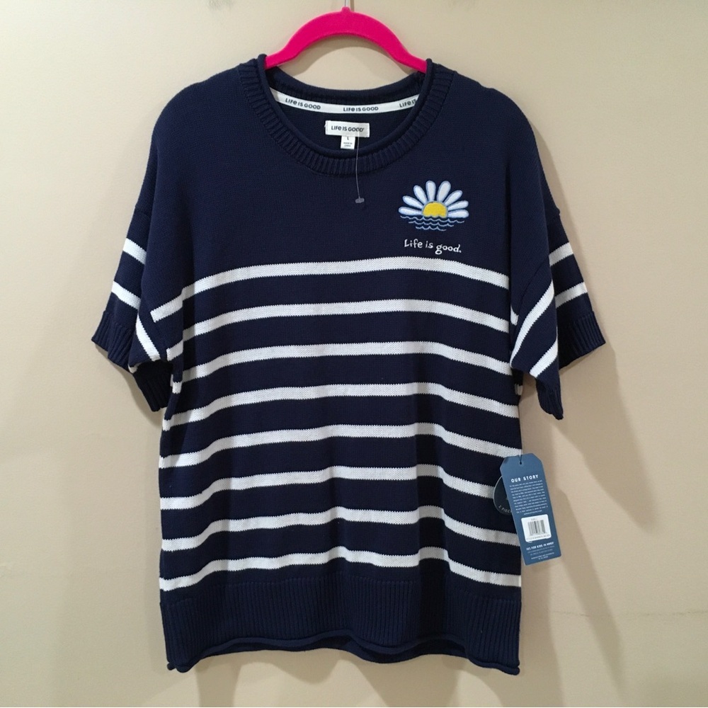 Life Is Good "Have A Nice Daisy" Navy Striped Knit Top & Shorts Lounge Set Large - Picture 5 of 10